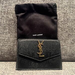 Yves Saint Laurent Black Pebbled Leather Envelope Wallet with Gold YSL Emblem